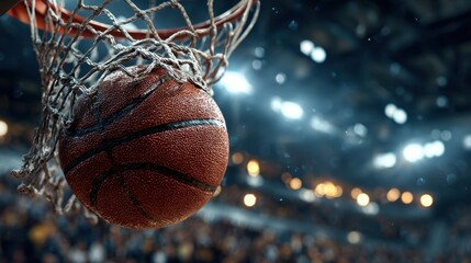 Basketball scoring winning points at stadium, high quality realistic close-up game, bright lights and crowd