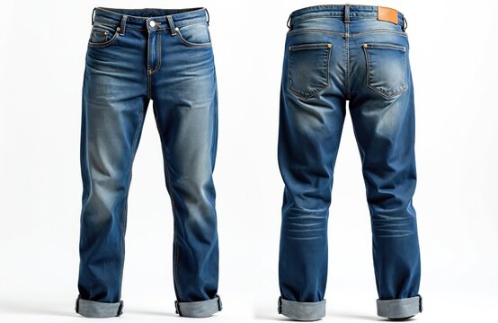 Front and back view of blue denim jeans with rolled cuffs shown on white background. Classic casual wear apparel. Trendy fashion garment with durable fabric. - Powered by Adobe