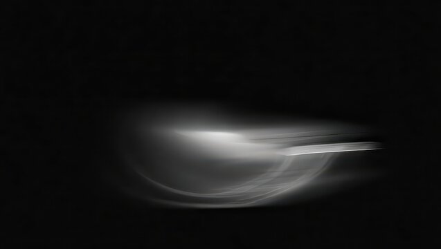 Abstract monochrome image of a glowing white light form with motion blur against a solid black background.