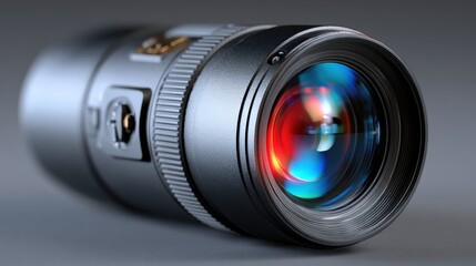 Close up on professional video camera lens showcasing its high quality optical design and engineering for stock market imagery
