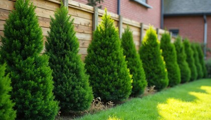 Fototapeta premium Neatly trimmed green conical thuja trees grow in straight row. These rich evergreen plants form natural hedge along wooden fence. Bright lawn and tidy landscape design create peaceful garden scene.