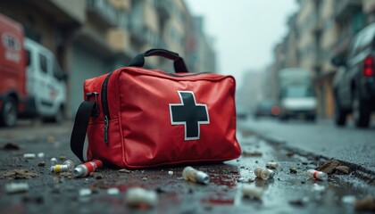 Red first aid bag lies on a wet city street after accident. Medical supplies are scattered around its vicinity. Emergency response vehicle blurred in background. Preparedness concept.