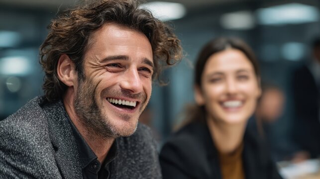 Happy business meeting shows team laughing during the daytime in office