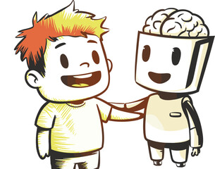 Human and robot friendship cartoon illustration, colorful character duo vector, spiky-haired child and brainy bot icon pack, playful tech design