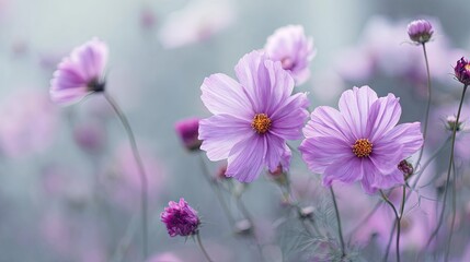 Fototapeta premium A close-up of light purple cosmos flowers, their petals gently swaying in the breeze against a soft gray background