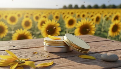 Natural cosmetic jars with golden lids on a wooden table, featuring sunflower petals and oil, overlooking a vibrant sunny sunflower field.