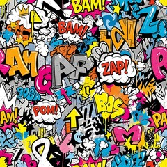 Comic book art background of graffiti style abstract speech bubbles and text
