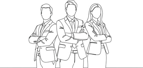 Business team line art, corporate professionals, leadership pose, arms crossed, black and white drawing, suits, teamwork