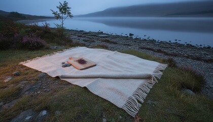 Cozy picnic blanket with heather on grassy shore of tranquil misty lake