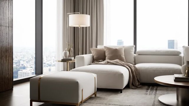 Elegant white sectional sofa in a bright, modern living room with city view