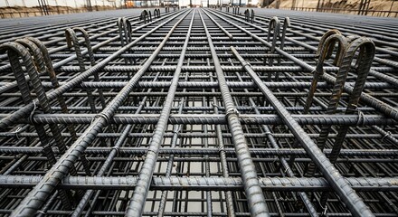 Close-up of Steel Rebar Mesh Grid Structure for Reinforced Concrete Foundation or Slab