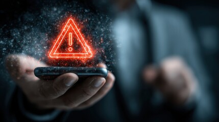 Businessman receives danger alert on smartphone, displaying real-time threat detection and urgency for online risk awareness