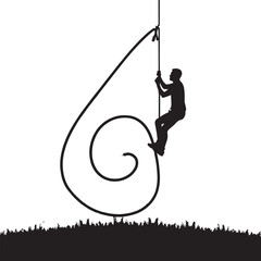 Silhouette man climbing rope with spiral and grass