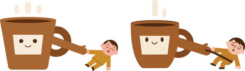 Anthropomorphic Coffee Cup Waking Sleepy Person Flat Vector Illustration