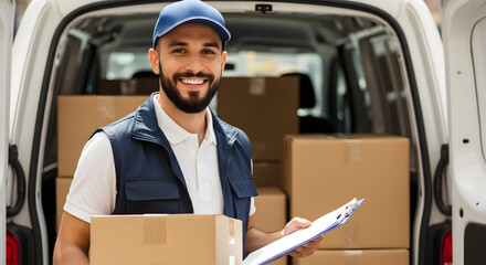 Smiling delivery man holding package and clipboard, ready to fulfill orders with efficiency and professionalism