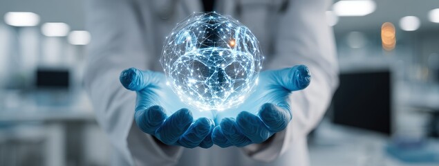 Scientist holding glowing neural network sphere in a lab