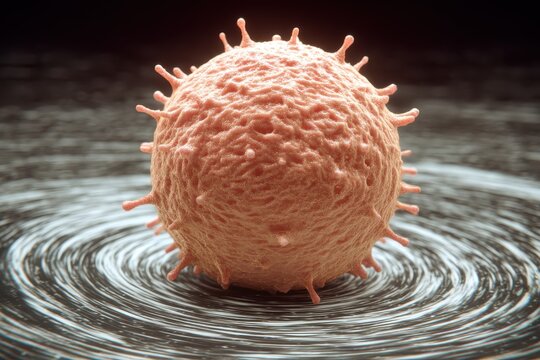 A microscopic view of a virus particle with spikes showing detailed texture and surrounded by swirling patterns