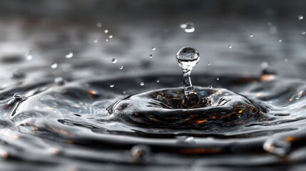 Macro shot of water droplet causing ripples and a crown splash, other water droplets surrounding, against a bokeh background