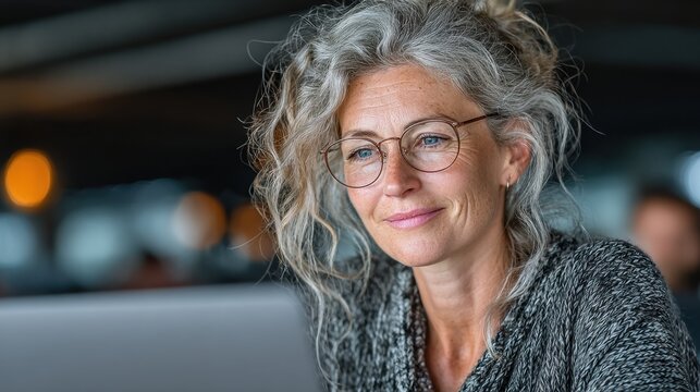 Mature woman working on laptop in office, smiling at computer screen with positive expression, business professional looking at viewer