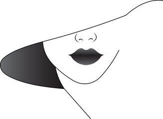 A minimalist illustration of a woman's face, wide-brimmed hat that casts a shadow over her eyes and part of her face.