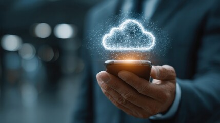 Businessman's smartphone displays virtual cloud computing icon and digital network data for storage