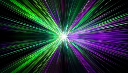 Abstract Explosion Of Vibrant Green And Purple Light Streaks Radiating Outwards On A Black Background