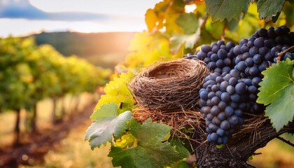 Bird Nest Among Ripe Black Grapes In Vineyard