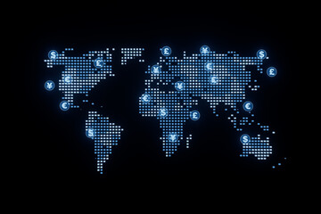 Digital world map showcasing currencies around the globe in a modern, illuminated design
