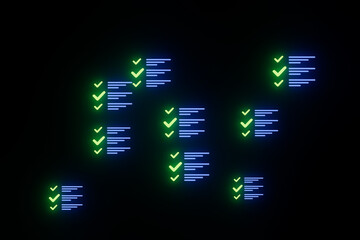 Visual representation of artificial intelligence progress with green and blue check marks on a dark background © yurakrasil