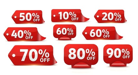 Photo of red discount tag set with different percentage values isolated on white background