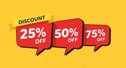 Photo of discount offer with 25, 50 and 75 percent off on yellow background for promotion