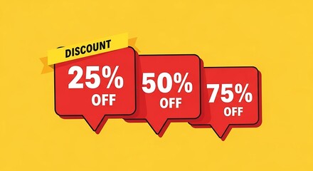 Photo of red speech bubbles showing discount percentages on a yellow background for promotion