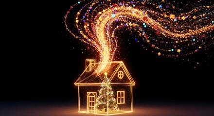 A digital art concept for Christmas Eve: a glowing, wireframe model of a house with a Christmas tree inside, data streams representing warmth and joy flowing from the rooftop into the starry night