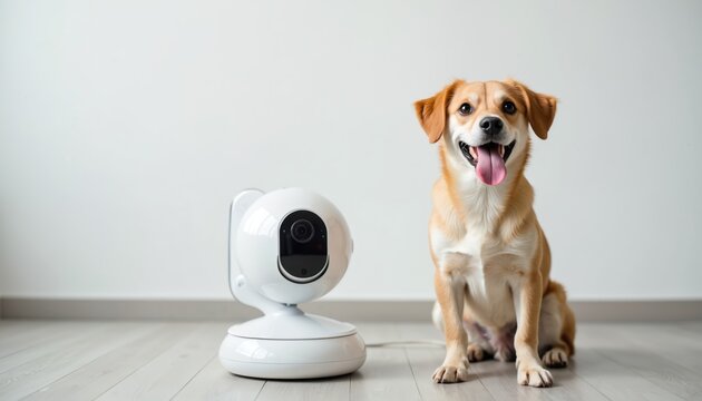 Happy golden retriever mix dog sits near white smart pet camera. Cute puppy smiles at viewer, tongue out, happy friend. Tech device monitors animal activity, provides remote interactive features,