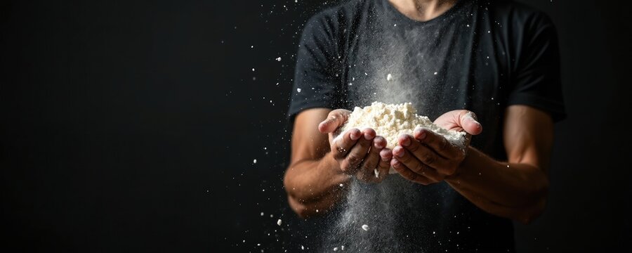 Man holds pile of flour in hands. White powder scatters into air against dark backdrop. Baker prepares dough, cooking, baking ingredients for bread or pizza.