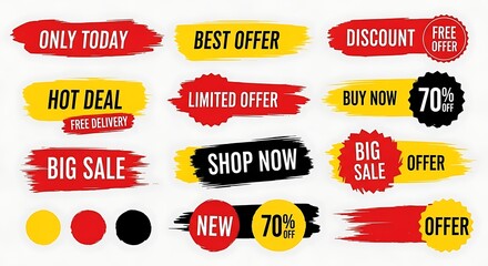 Photo of collection of colorful sale banners and labels isolated on white background