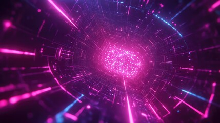 Fototapeta premium Abstract digital tunnel vibrant neon light particles