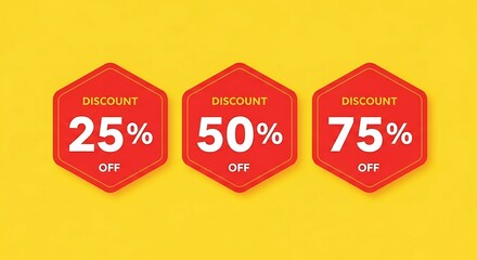 Photo of discount offer with 25%, 50% and 75% off in red hexagon shape on yellow background