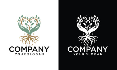 Creative oak tree logo, root of the tree and combination love logo illustration