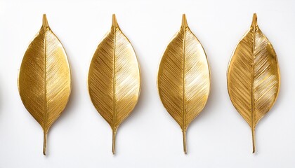 Four Elegant Golden Leaves Arranged In A Row On A White Isolated Background