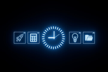 Digital display showcasing AI concepts with icons representing creativity, calculation, and organization