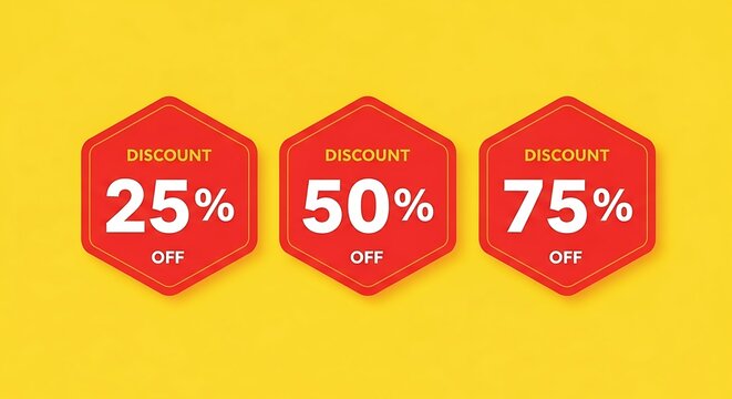 Photo of discount offer with 25%, 50% and 75% off in red hexagon shape on yellow background
