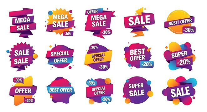 Photo of collection of colorful sale and discount badges isolated on white background