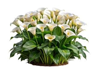 A large, beautiful cluster of white calla lilies on a white background