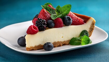 Slice Of Cheesecake Topped With Berries And Mint