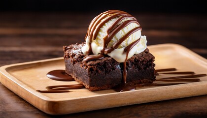 Delicious Chocolate Brownie Topped With Creamy Vanilla Ice Cream And Drizzled With Chocolate Syrup On A Wooden Serving Board