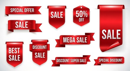 Photo of collection of red sale ribbons with special offer and discount isolated on white background