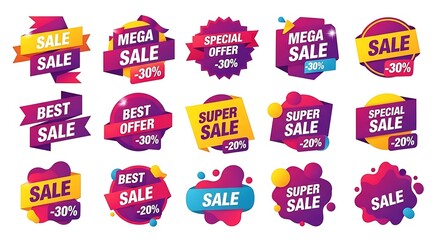 Photo of collection of colorful sale stickers with different shapes isolated on white background