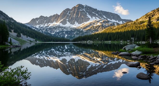 Stunning reflection of a rugged, snow-dusted mountain peak in the calm, clear water of a tranquil alpine lake at sunrise