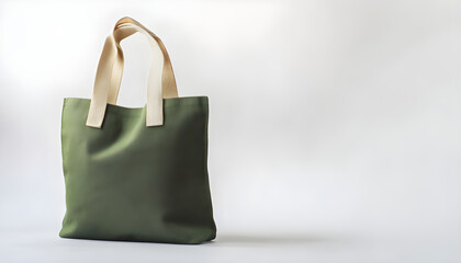 Green canvas tote bag isolated on white backdrop. Eco friendly shopper with white handles for groceries, items
